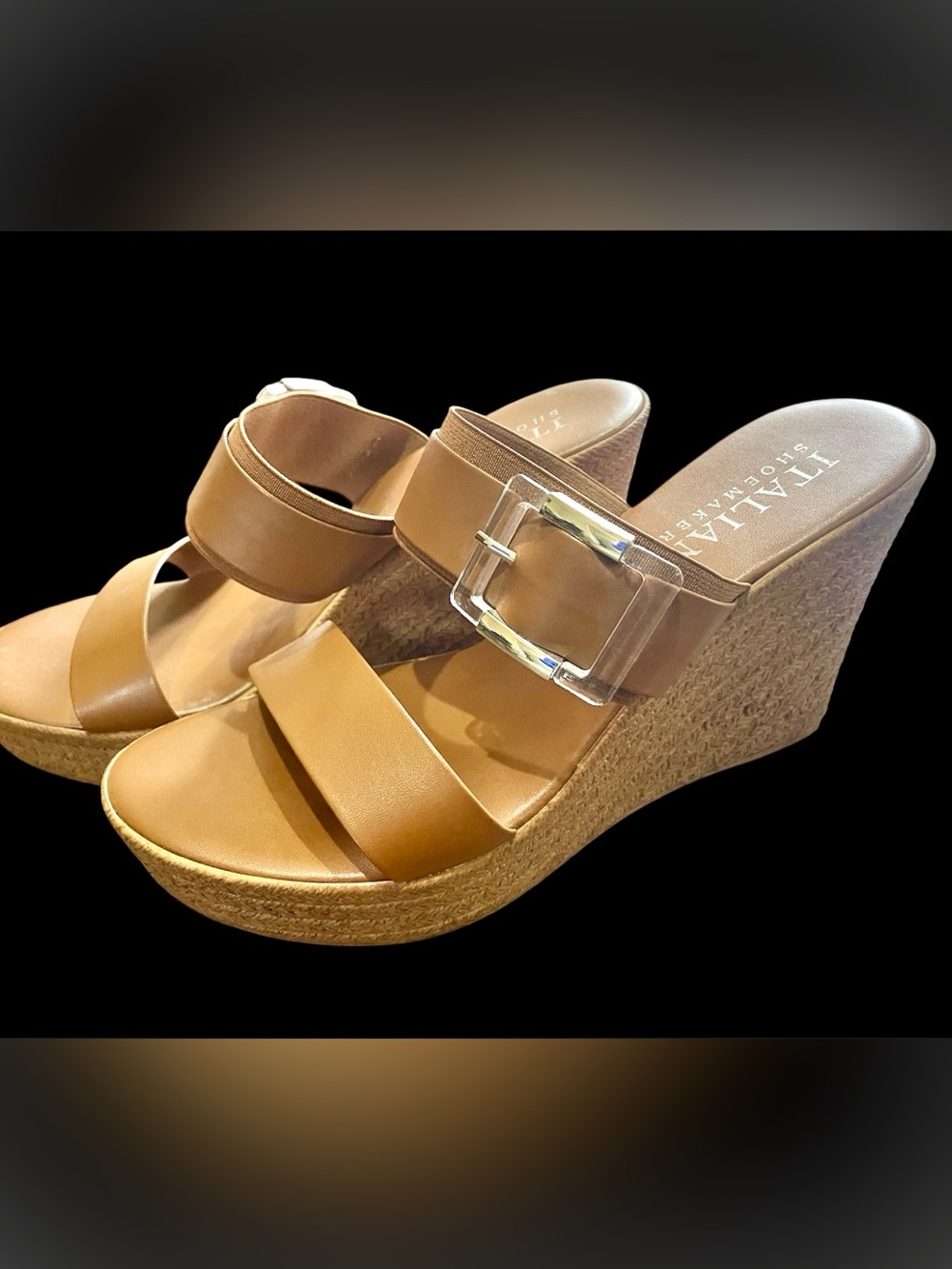 Italian Shoemakers Tan Leather Wedge Sandals with Clear Buckle - Picture 3 of 11